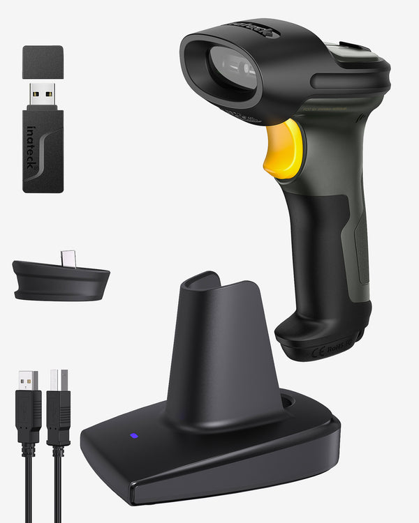 P7 1D Barcodescanner mit 2.4GHz, kabellos bis 100m, Bluetooth, Display Inateck Office DE