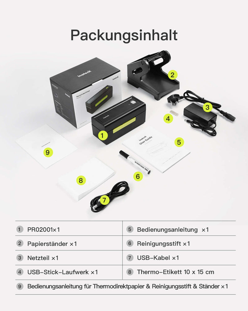 PR02001 Thermopapierdrucker für Mac/Windows, Universelle Etiketten nutzbar, schneller Druck, kompatibel mit Logistik- und Verkaufsplattformen - Inateck Office DE