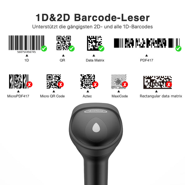 BCST-50 1D/2D Barcodescanner, kabellos 2.4GHz, Bluetooth+ BCST-S Barcodescannerständer, verstellbare Halterung - Inateck Office DE
