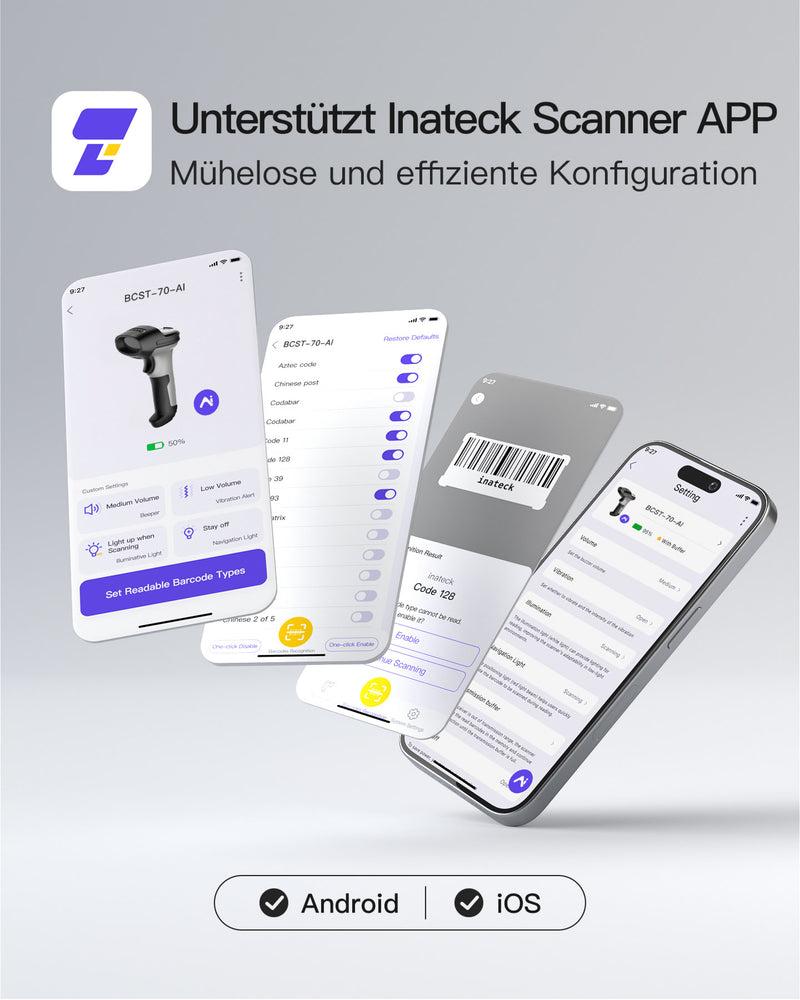 AI Barcode Scanner Bluetooth 1D Scanner, mit APP und SDK, BCST-70 AI - Inateck Office DE