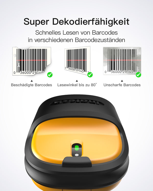 P6 1D Barcodescanner mit 2.4GHz, kabellos bis 60m + BCST-S Barcodescannerständer, verstellbare Halterung - Inateck Office DE