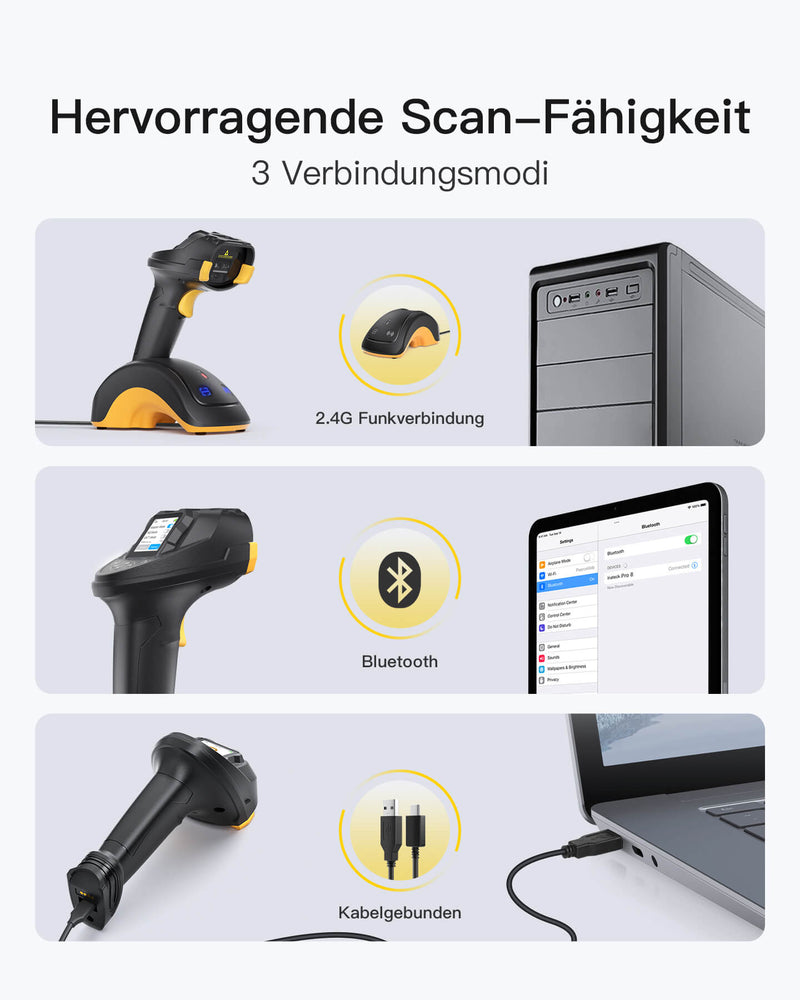 Pro 8SE 2D/1D/QR Wireless Blutooth Handheld Scanner, mit Screen und Smart Base, CMOS CCD Dual Module - Inateck Office DE