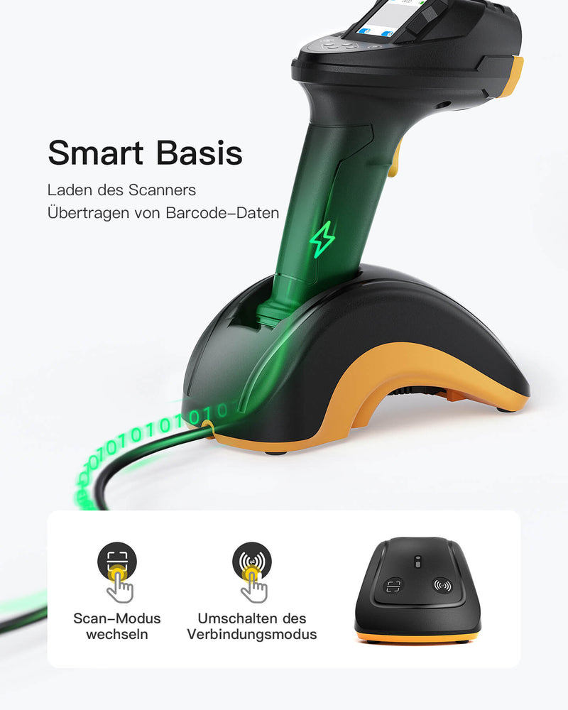 Pro 8SE 2D/1D/QR Wireless Blutooth Handheld Scanner, mit Screen und Smart Base, CMOS CCD Dual Module - Inateck Office DE