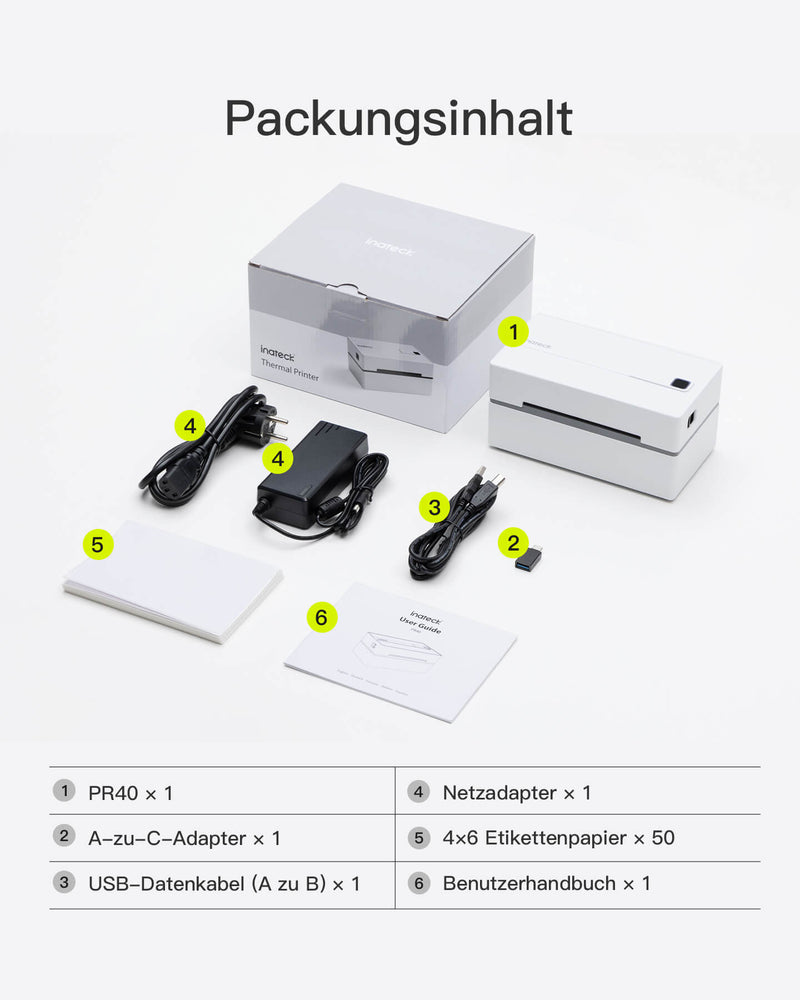 PR40 Bluetooth Thermo-Etikettendrucker, Kabelloser 4x6 Versandetikettendrucker - Inateck Office DE