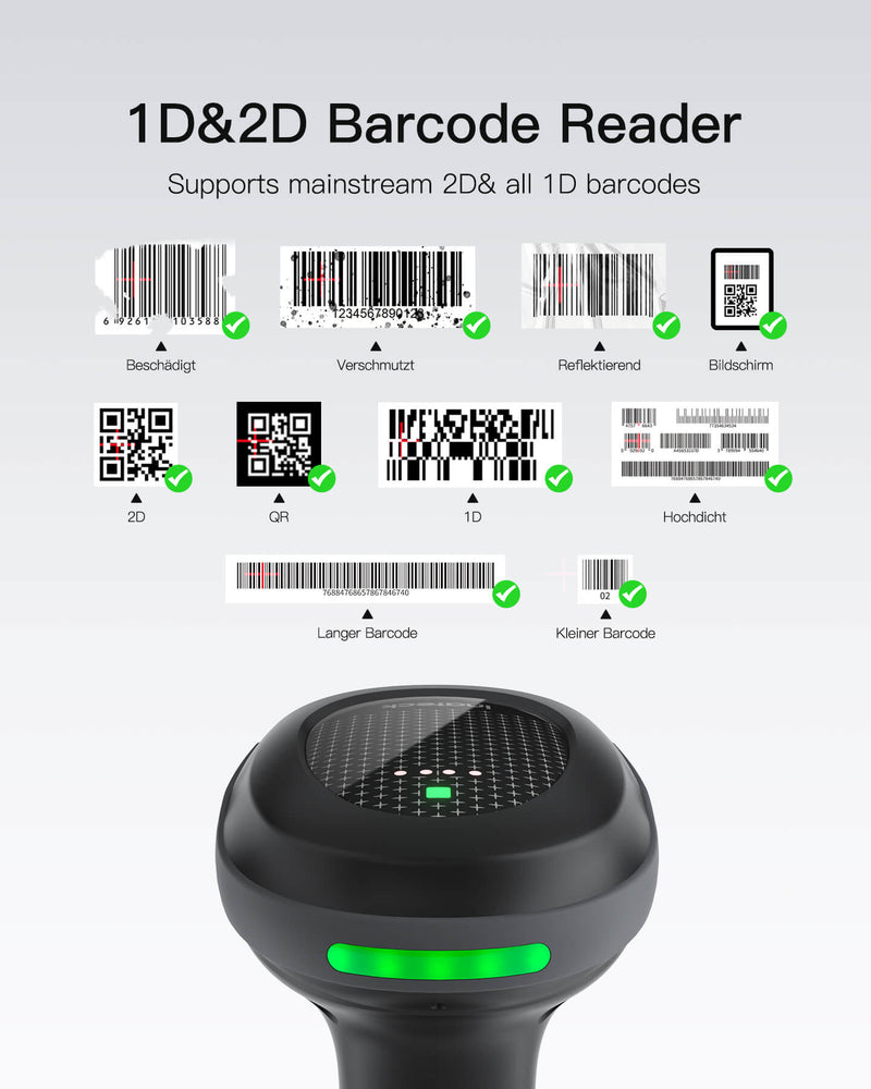 Pro 170B 2D Barcode Scanner Kabellos, QR Code Scanner mit 2 Austauschbaren 2000mAh Akkus, mit Ladestation, mit Bluetooth und Kabel USB