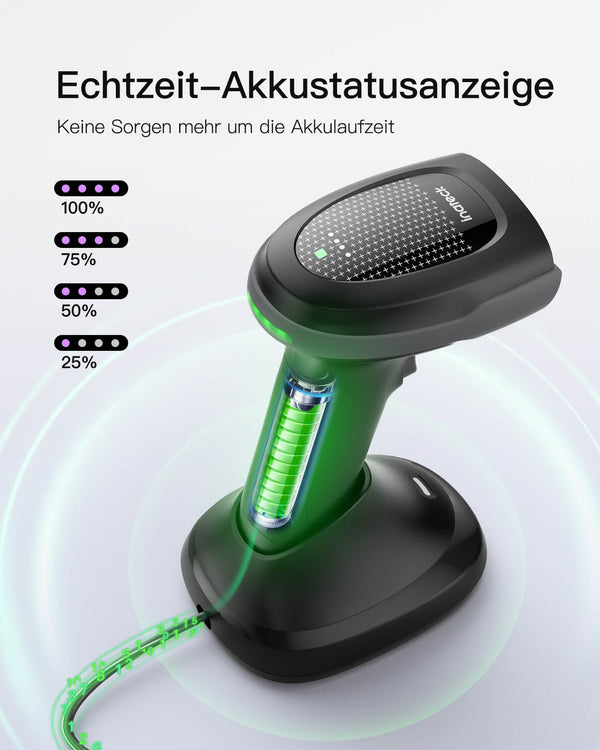 Pro 170B 2D Barcode Scanner Kabellos, QR Code Scanner mit 2 Austauschbaren 2000mAh Akkus, mit Ladestation, mit Bluetooth und Kabel USB