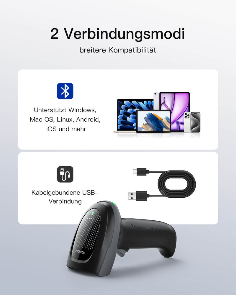 Pro 170B 2D Barcode Scanner Kabellos, QR Code Scanner mit 2 Austauschbaren 2000mAh Akkus, mit Ladestation, mit Bluetooth und Kabel USB