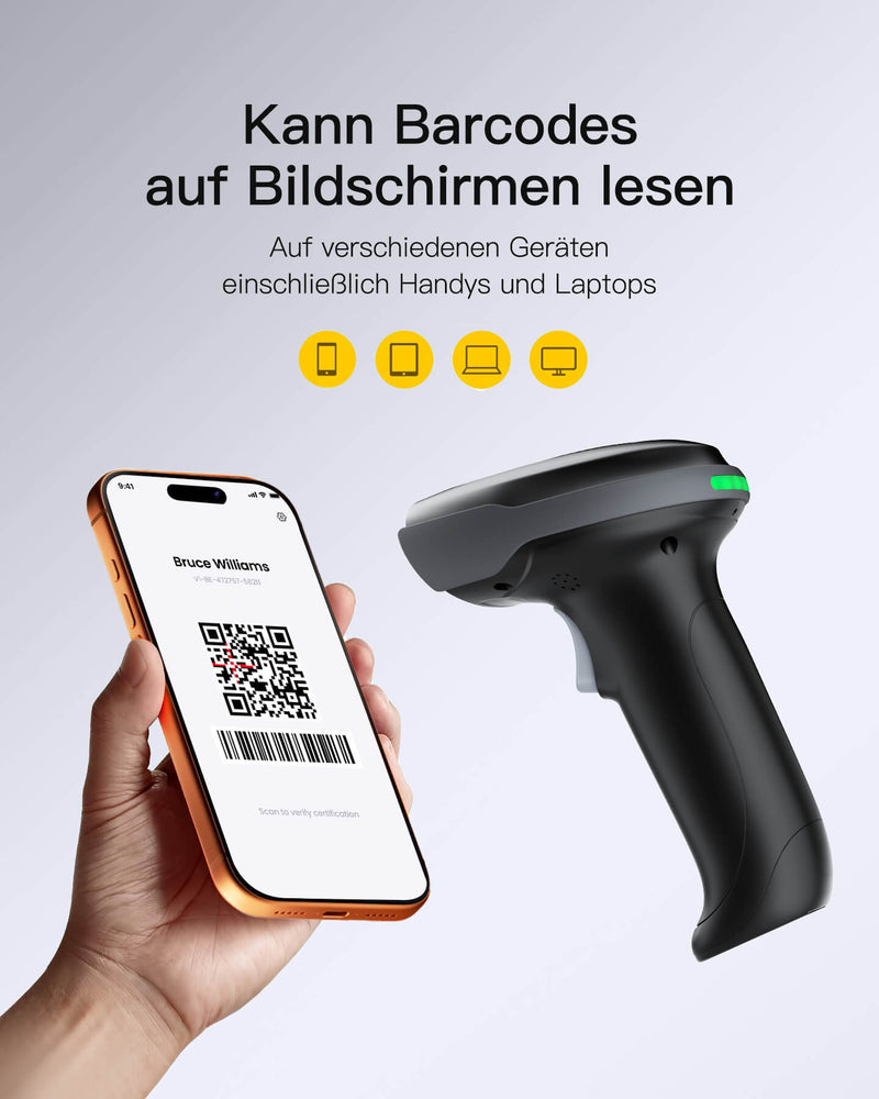 Pro 170B 2D Barcode Scanner Kabellos, QR Code Scanner mit 2 Austauschbaren 2000mAh Akkus, mit Ladestation, mit Bluetooth und Kabel USB