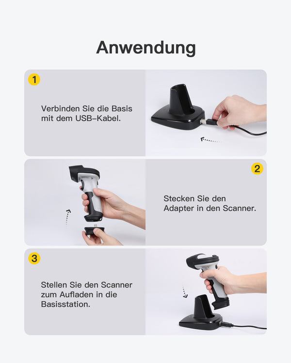 P6 1D Barcodescanner mit 2.4GHz, kabellos bis 60m, 2600mAh-Akku + BS04001 Barcode Scanner Ladestation - Inateck Office DE