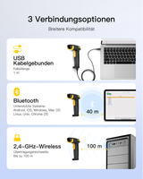 Hyper 310, Barcode Scanner Kabellos 1D mit Display, 3-in-1 mit Bluetooth