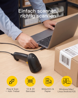 Hyper A60, Barcode Scanner 1D/2D USB, QR Code Scanner Plug & Play für Einzelhandel & Lager