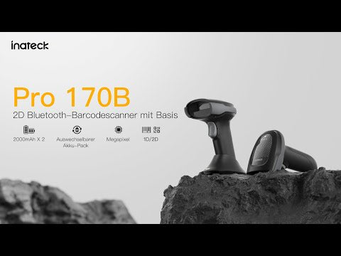 Pro 170B 2D Barcode Scanner Kabellos, QR Code Scanner mit 2 Austauschbaren 2000mAh Akkus, mit Ladestation, mit Bluetooth und Kabel USB