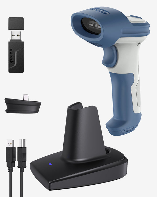 BCST-73 1D/2D Barcodescanner, kabellos 2.4GHz, Bluetooth 5.0, Displayscannen + BS04001 Barcode Scanner Ladestation - Inateck Office DE