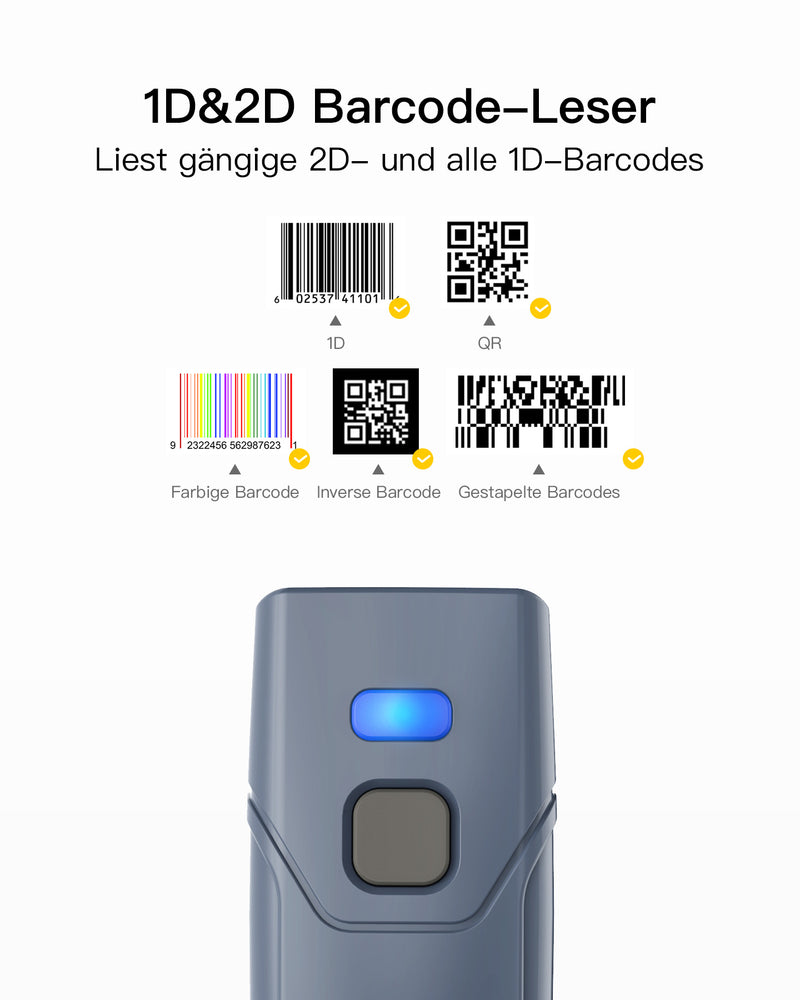 BCST-40 1D/2D Barcodescanner, Bluetooth 5.0, 30m Reichweite, Taschenscanner, Displayscannen - Inateck Office DE