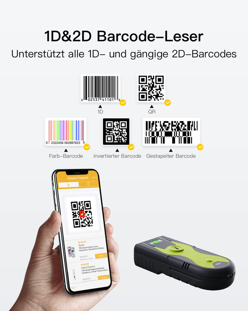 BCST-42 1D/2D Barcodescanner, Bluetooth 5.0, 40m Reichweite, Taschenscanner, Grün - Inateck Office DE