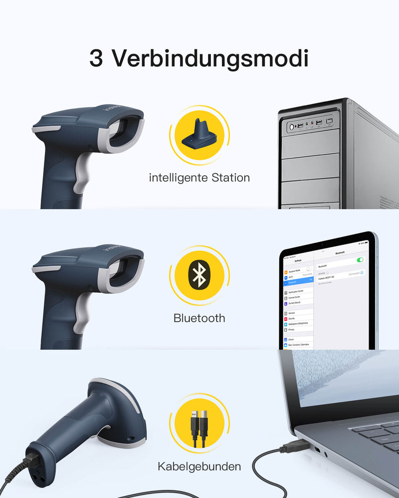 BCST-54 1D/2D Barcodescanner, Bluetooth 5.0, 2.4Ghz Intelligente Station, Bildschirm-Scannen - Inateck Office DE