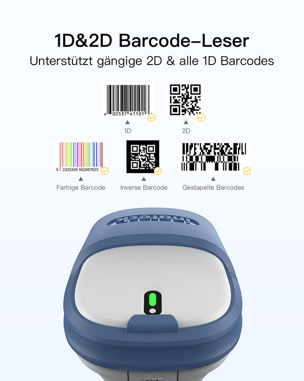BCST-73 1D/2D Barcodescanner, kabellos 2.4GHz, Bluetooth 5.0, Displayscannen + BS04001 Barcode Scanner Ladestation - Inateck Office DE