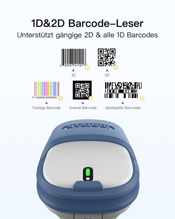 BCST-73 1D/2D Barcodescanner, kabellos 2.4GHz, Bluetooth 5.0 + BCST-S Barcodescannerständer, verstellbare Halterung - Inateck Office DE