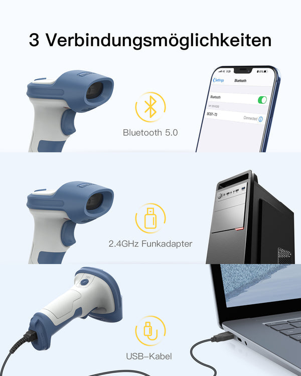 BCST-73 1D/2D Barcodescanner, kabellos 2.4GHz, Bluetooth 5.0 + BCST-S Barcodescannerständer, verstellbare Halterung - Inateck Office DE