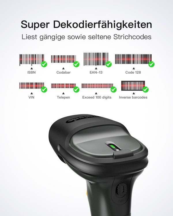 P7 1D Barcodescanner mit 2.4GHz, kabellos bis 100m, Bluetooth, Displayscannen + BS04001 Barcode Scanner Ladestation - Inateck Office DE